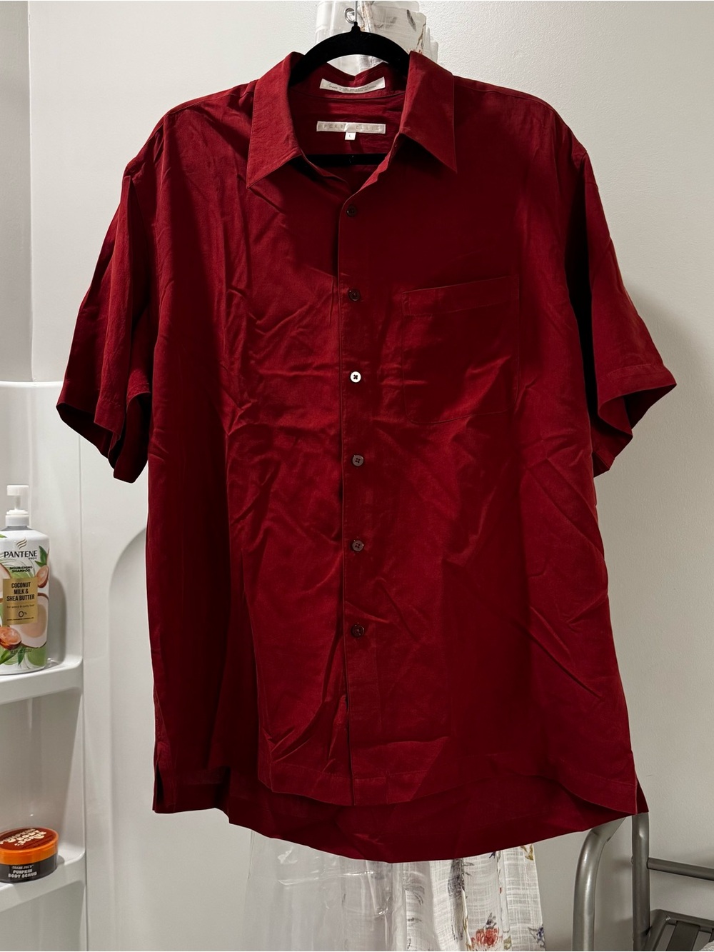 Perry Ellis Men's Red Rust 100% Silk Short Sleeve Button Down Shirt Pocket L